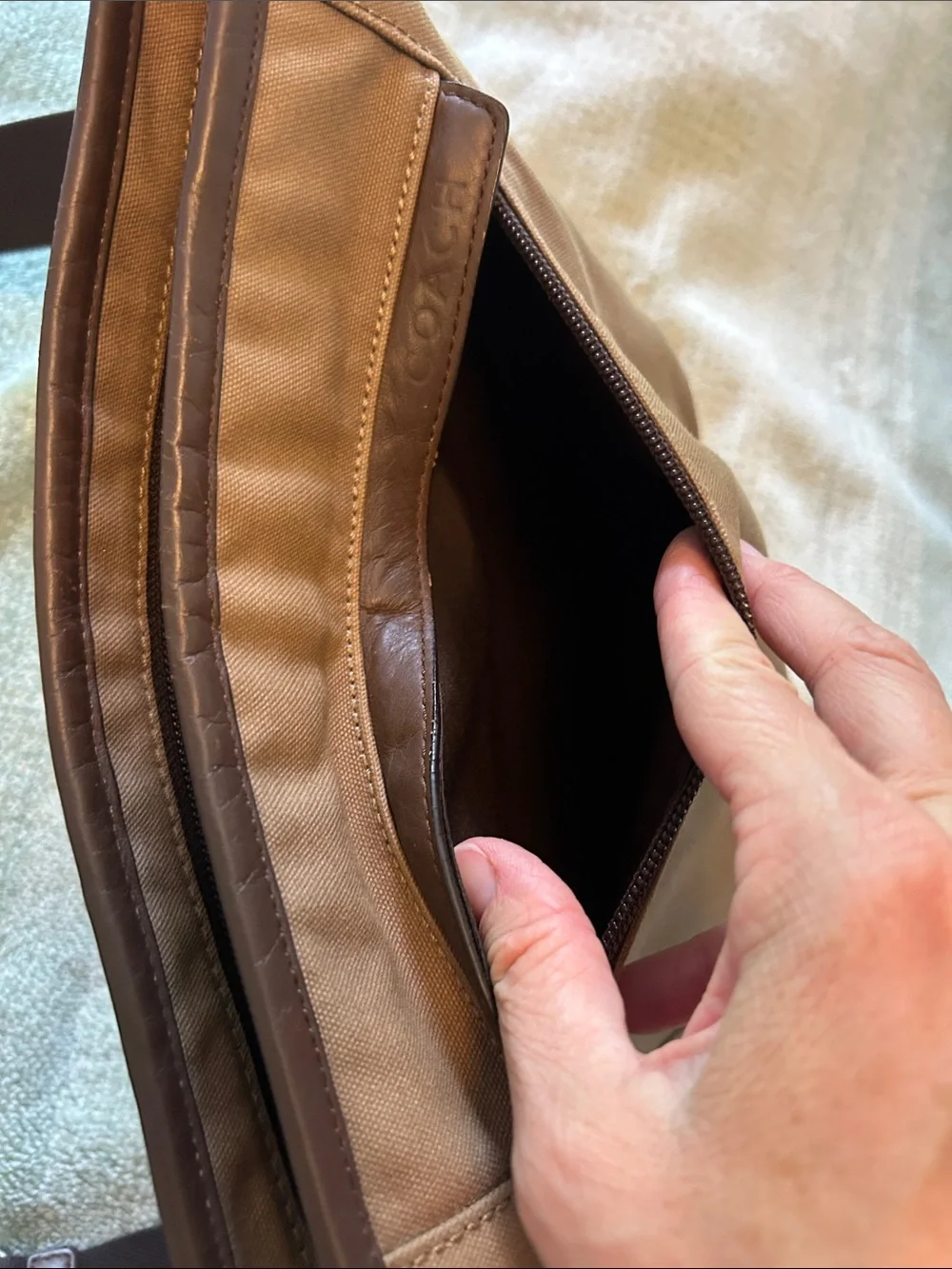 Coach Men’s Tan Canvas & Dark Brown Leather Messenger Bag